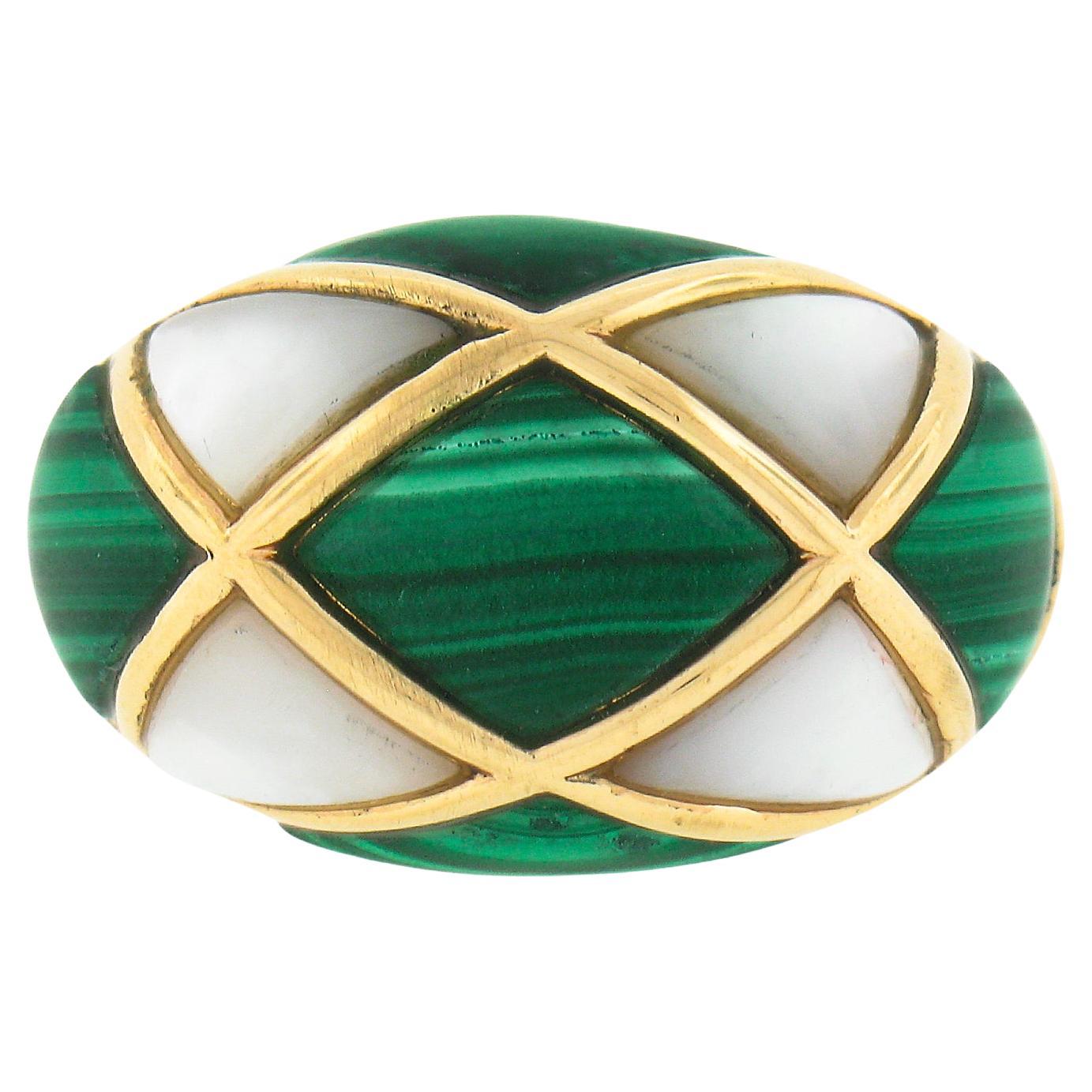 Vintage 14K Yellow Gold Inlaid Malachite & Mother of Pearl Wide Domed Bombe Ring For Sale