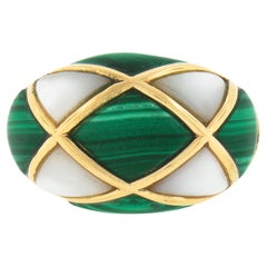 Vintage 14K Yellow Gold Inlaid Malachite & Mother of Pearl Wide Domed Bombe Ring