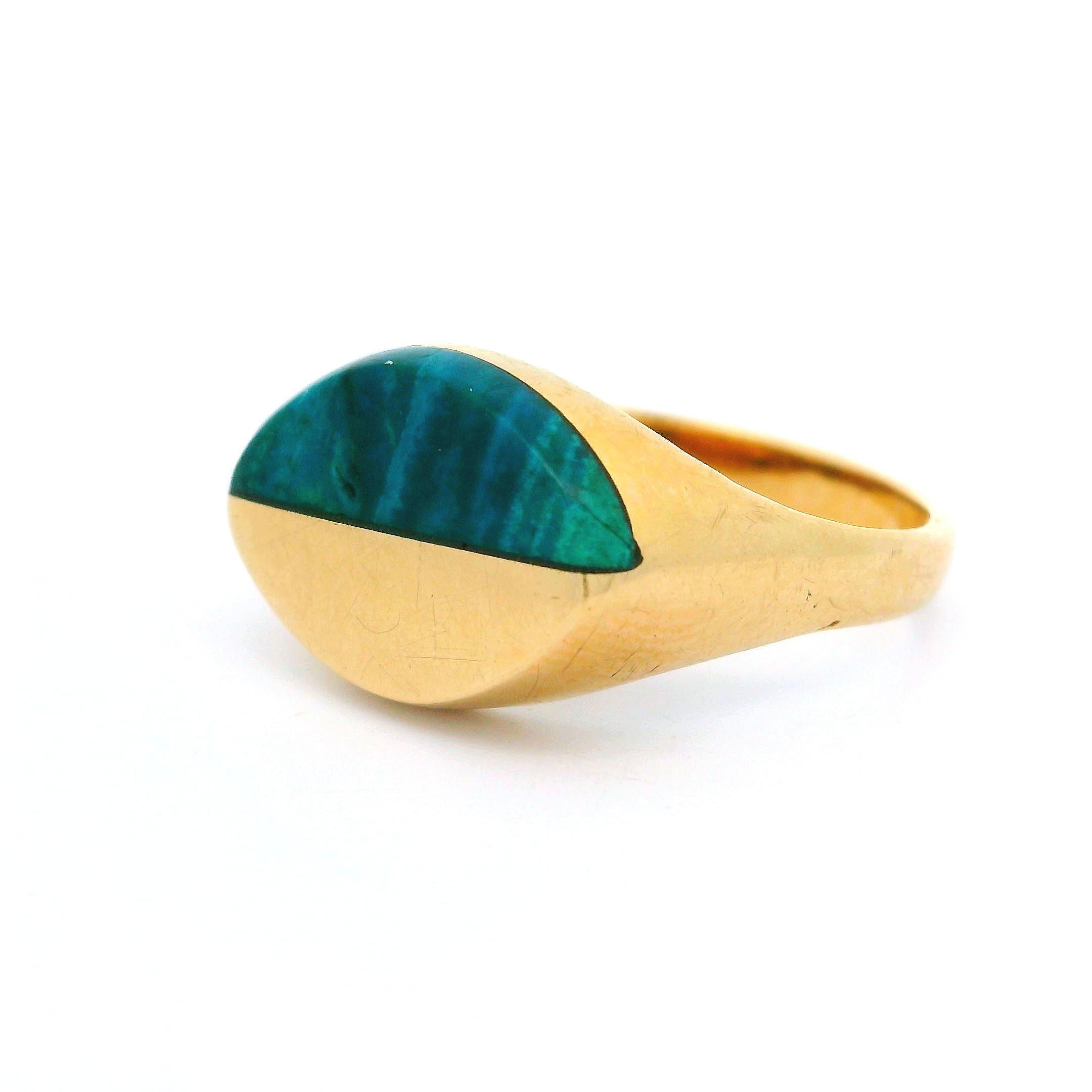 Uncut Vintage 14k Yellow Gold Inlaid Malachite Polished Ying Yang Ring