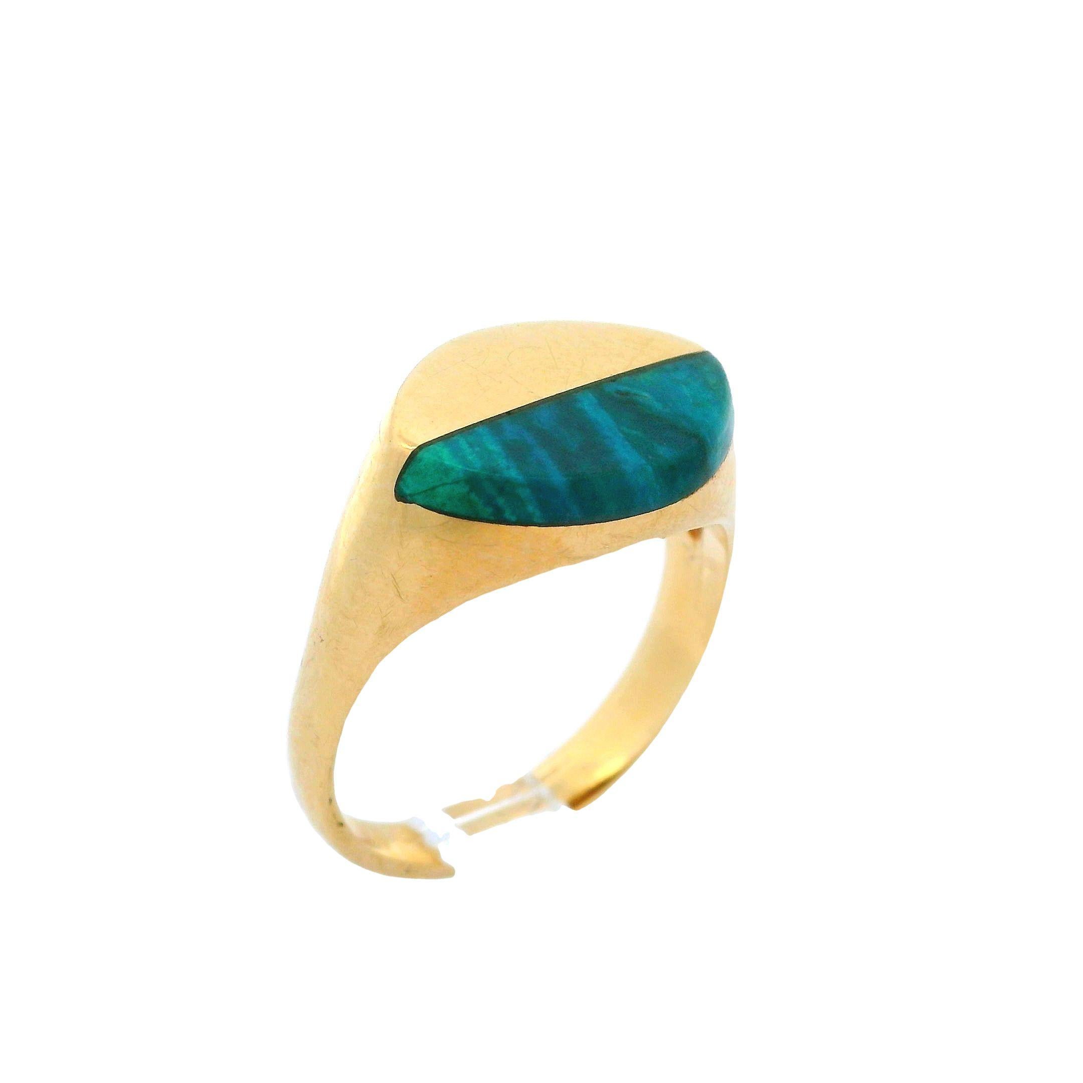Vintage 14k Yellow Gold Inlaid Malachite Polished Ying Yang Ring 2