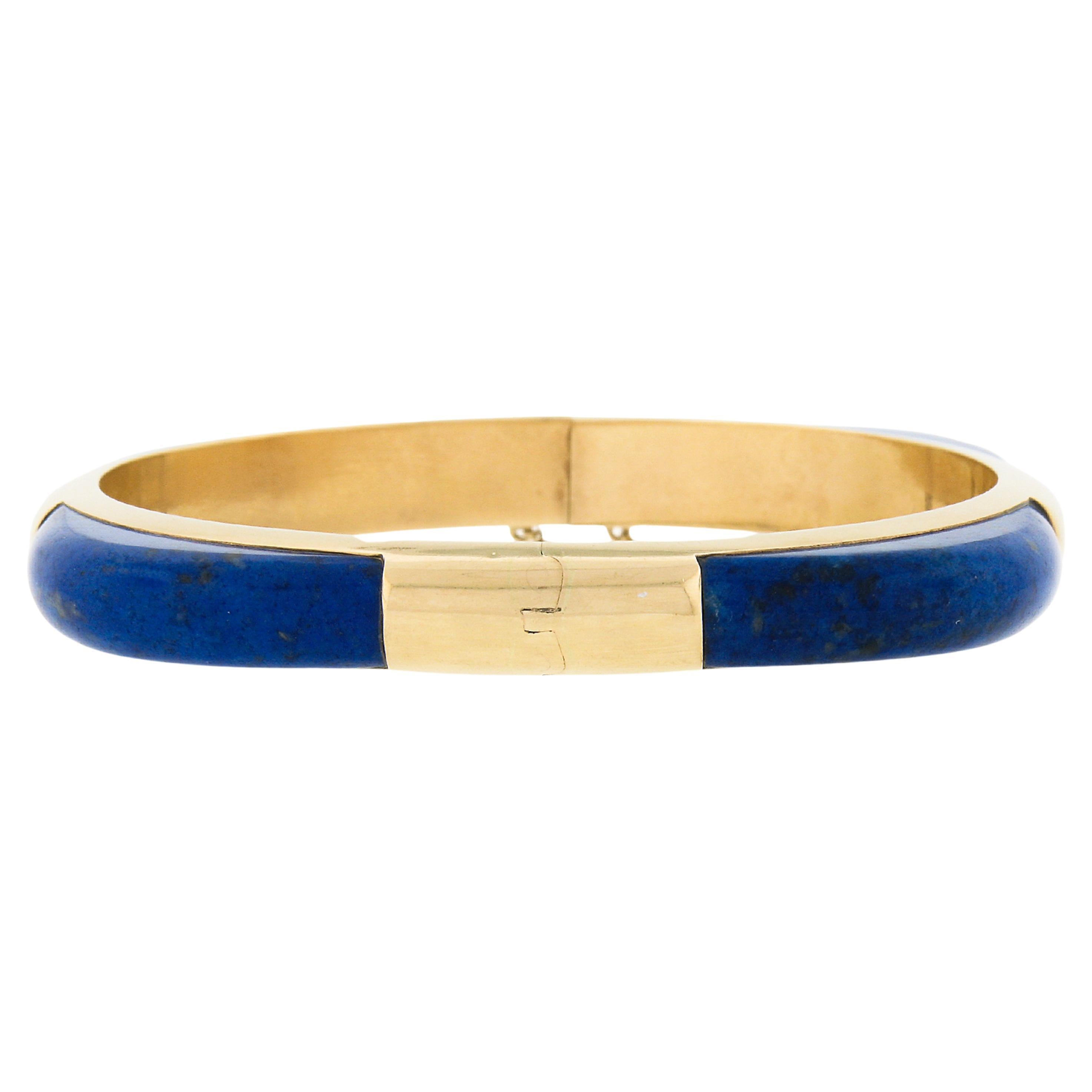 Vintage 14K Yellow Gold Inlaid Set Blue Lapis Hinged Open Bangle Bracelet For Sale