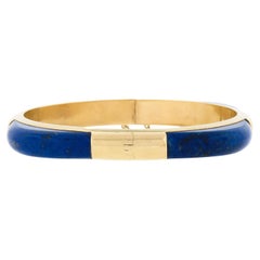 Vintage 14K Yellow Gold Inlaid Set Blue Lapis Hinged Open Bangle Bracelet