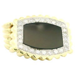 Vintage 14k Yellow Gold Inlay Onyx & Diamond Grooved Unique Shape Cocktail Ring