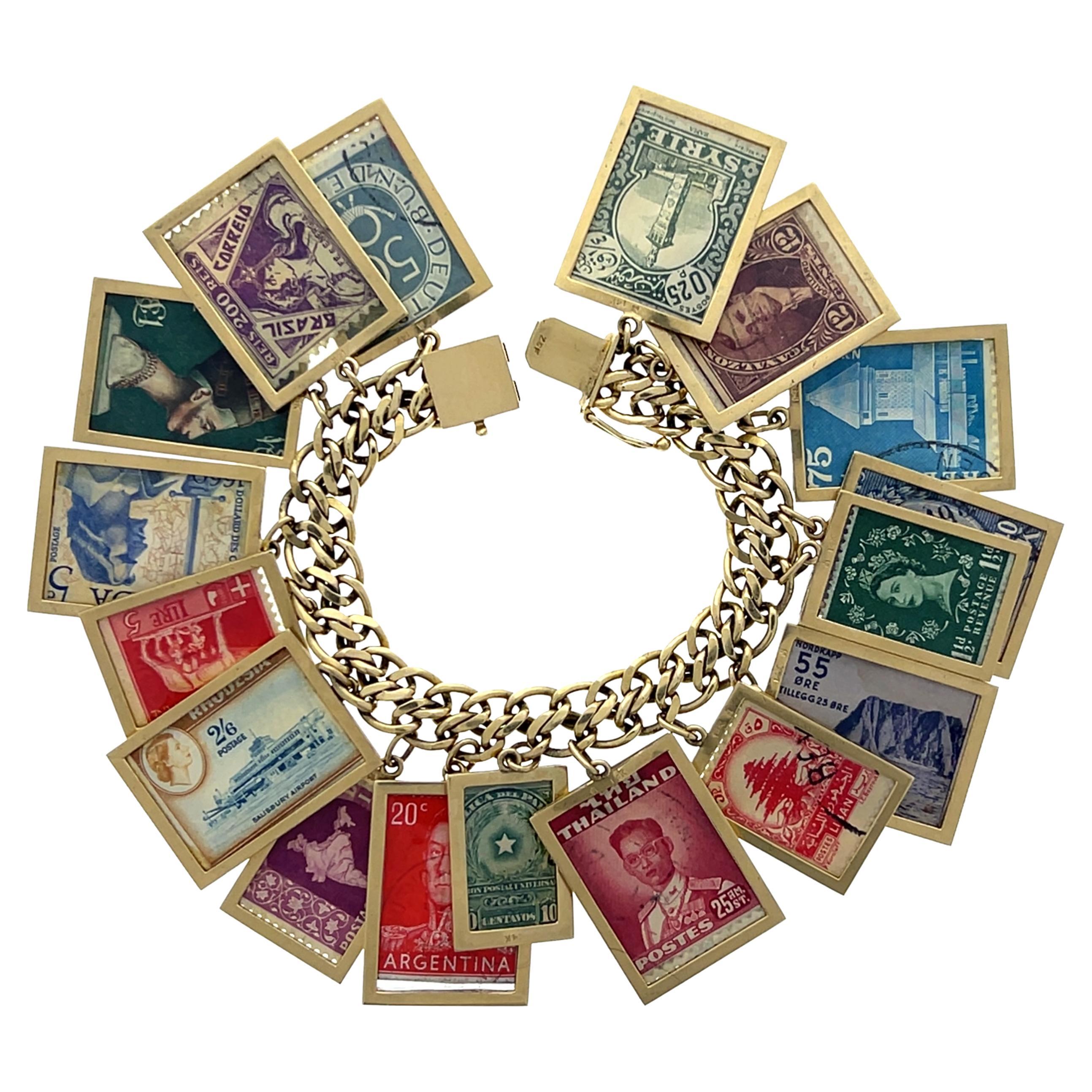 Vintage 14K Yellow Gold International Stamp Charm Chain Bracelet 1960s-70s