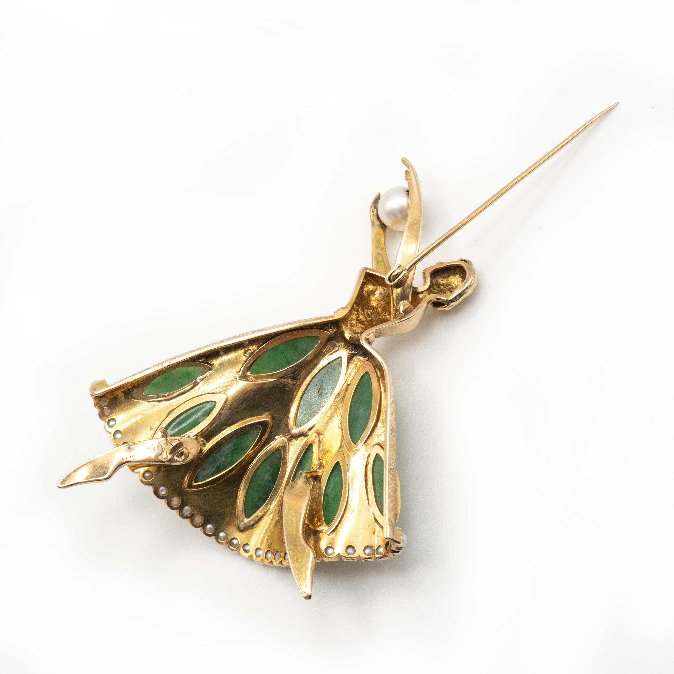 Broche bailarina vintage de oro amarillo de 14 quilates con jade y perlas en venta 4