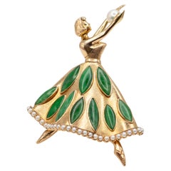 Vintage 14K Yellow Gold Jade and Pearl Ballerina Brooch