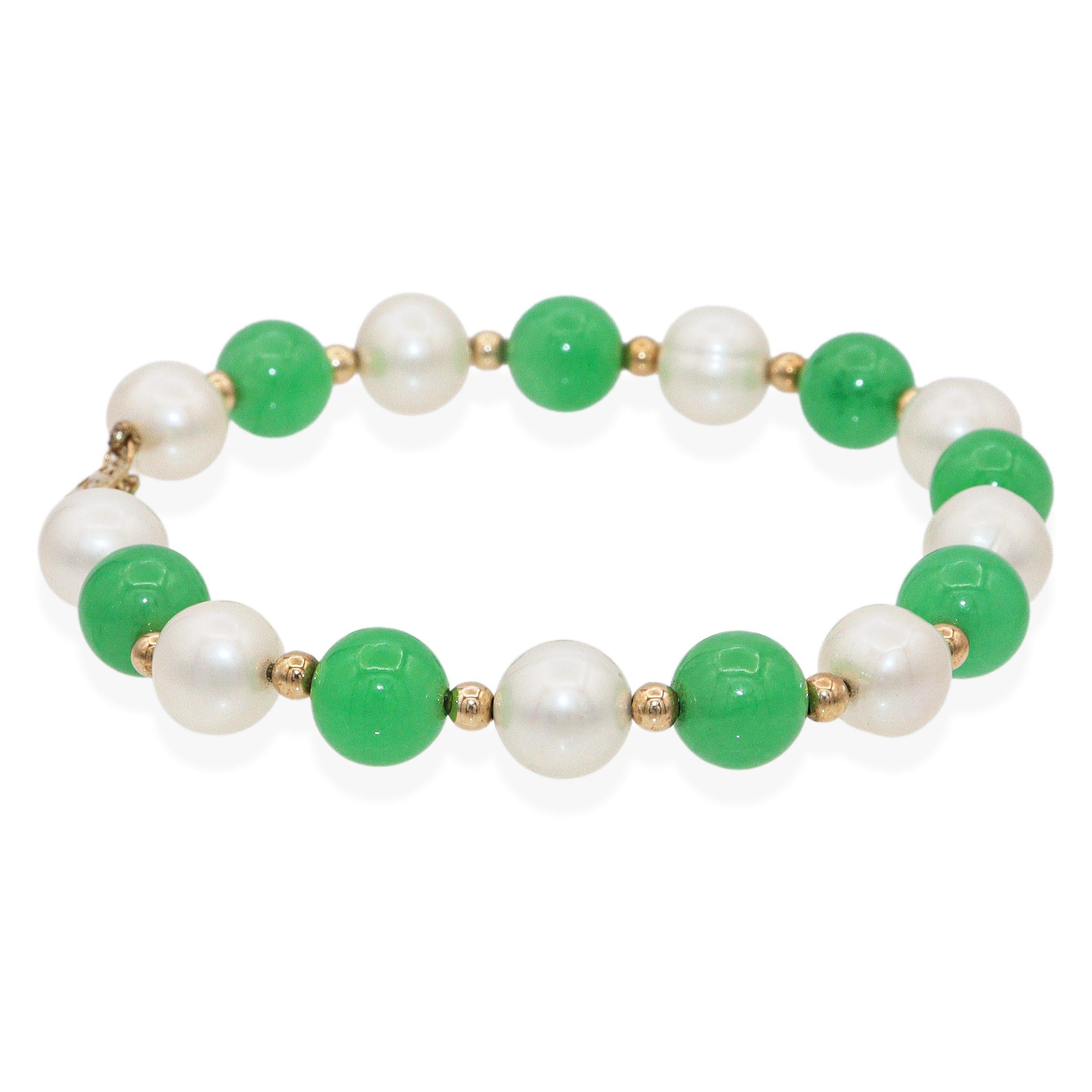 Donna Bracciale di perle e giada in oro giallo 14k vintage in vendita