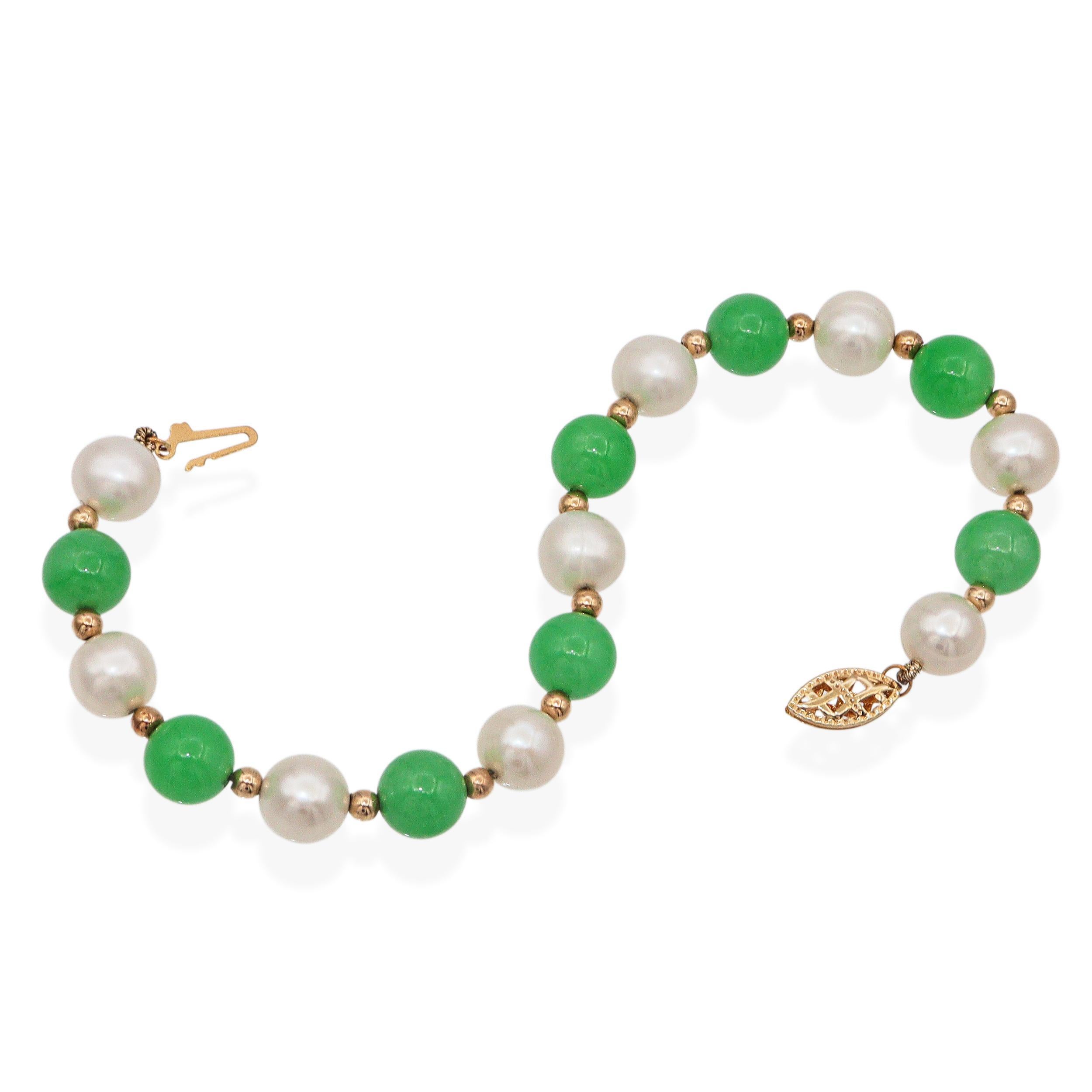 Bracciale di perle e giada in oro giallo 14k vintage in vendita 1