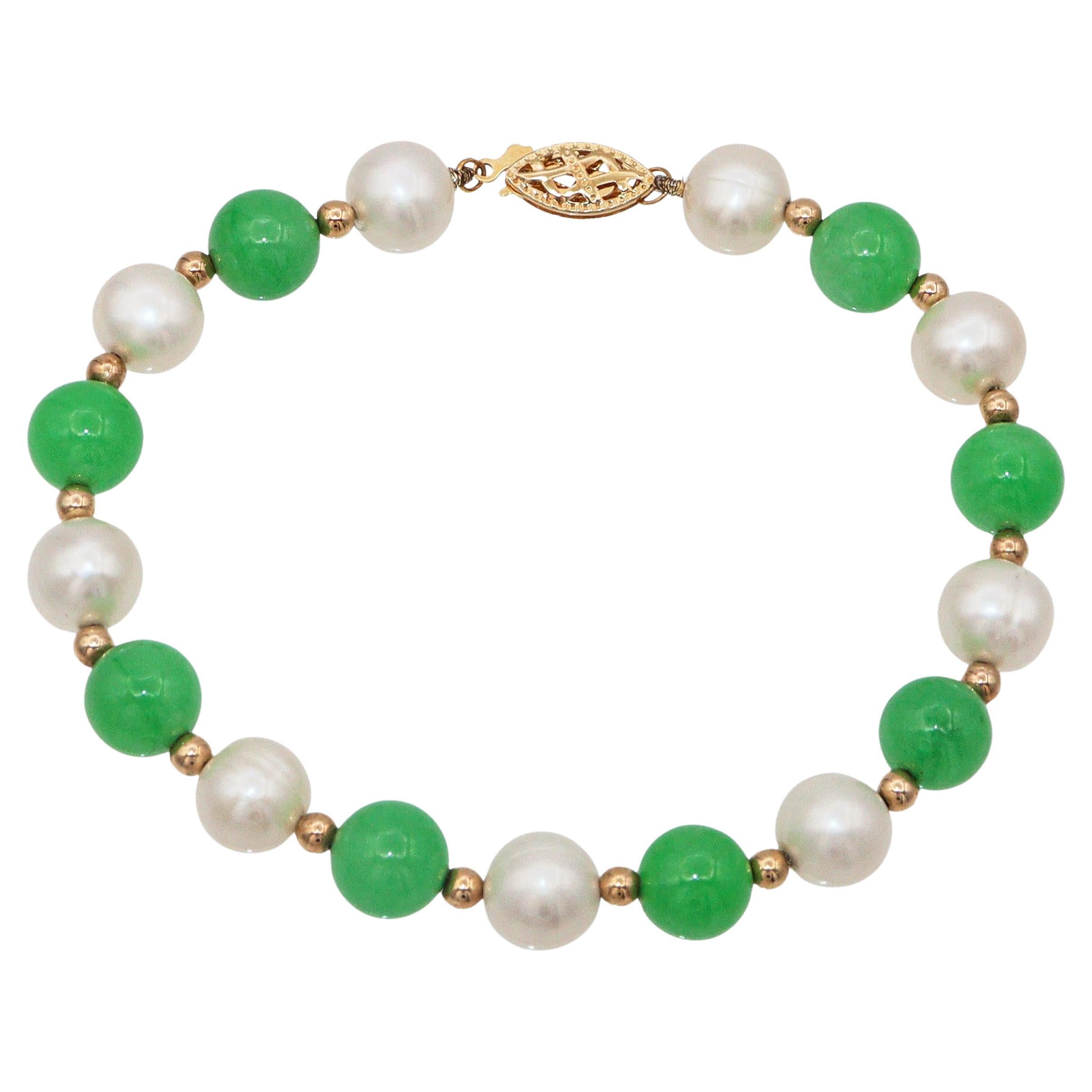 Bracciale di perle e giada in oro giallo 14k vintage