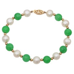 Vintage 14k Yellow Gold Jade and Pearl Beaded Bracelet