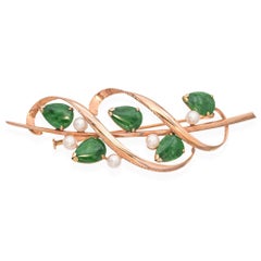 Vintage 14K Yellow Gold Jade and Pearl Brooch