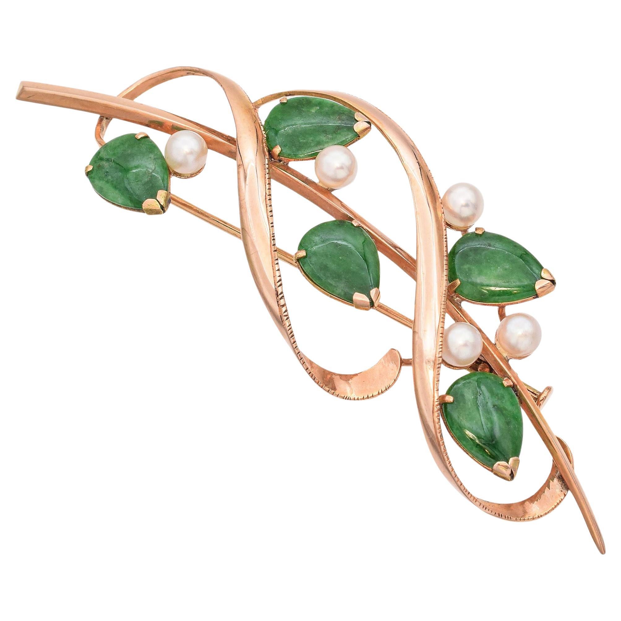 Broche vintage de oro amarillo de 14 quilates de jade y perlas