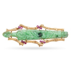 Vintage 14k Yellow Gold Jade and Ruby Bamboo Sheath Carving Brooch