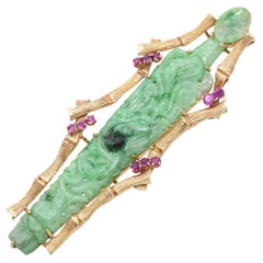 Vintage 14k Yellow Gold Jade and Ruby Bamboo Sheath Carving Brooch