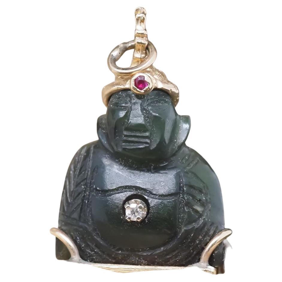 Vintage 14K Yellow Gold Jade Buddha Pendant with Ruby
