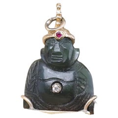Vintage 14K Yellow Gold Jade Buddha Pendant with Ruby