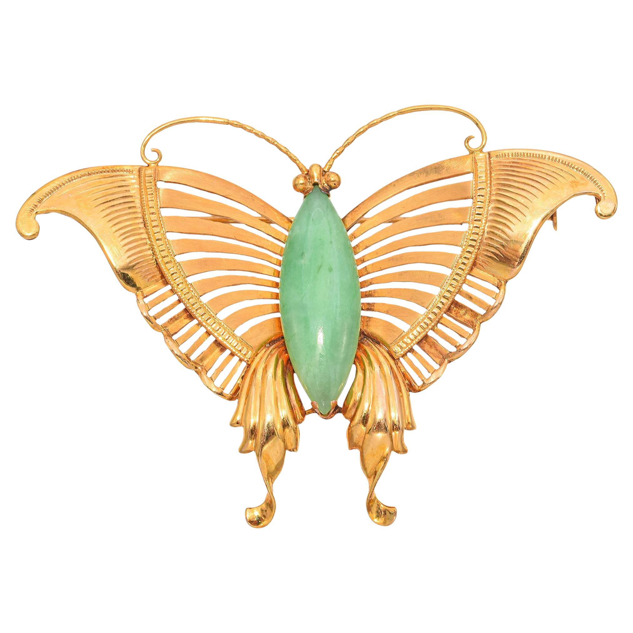 Vintage 14K Yellow Gold Jade Butterfly Brooch