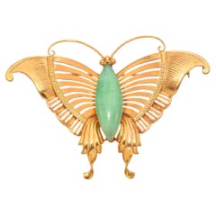 Vintage 14K Yellow Gold Jade Butterfly Brooch