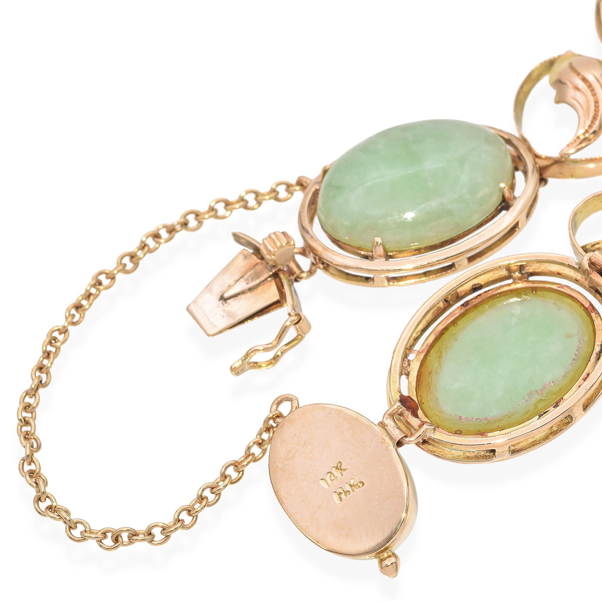 Women's Vintage 14K Yellow Gold Jade Cabochon Leaf Motif Bracelet For Sale