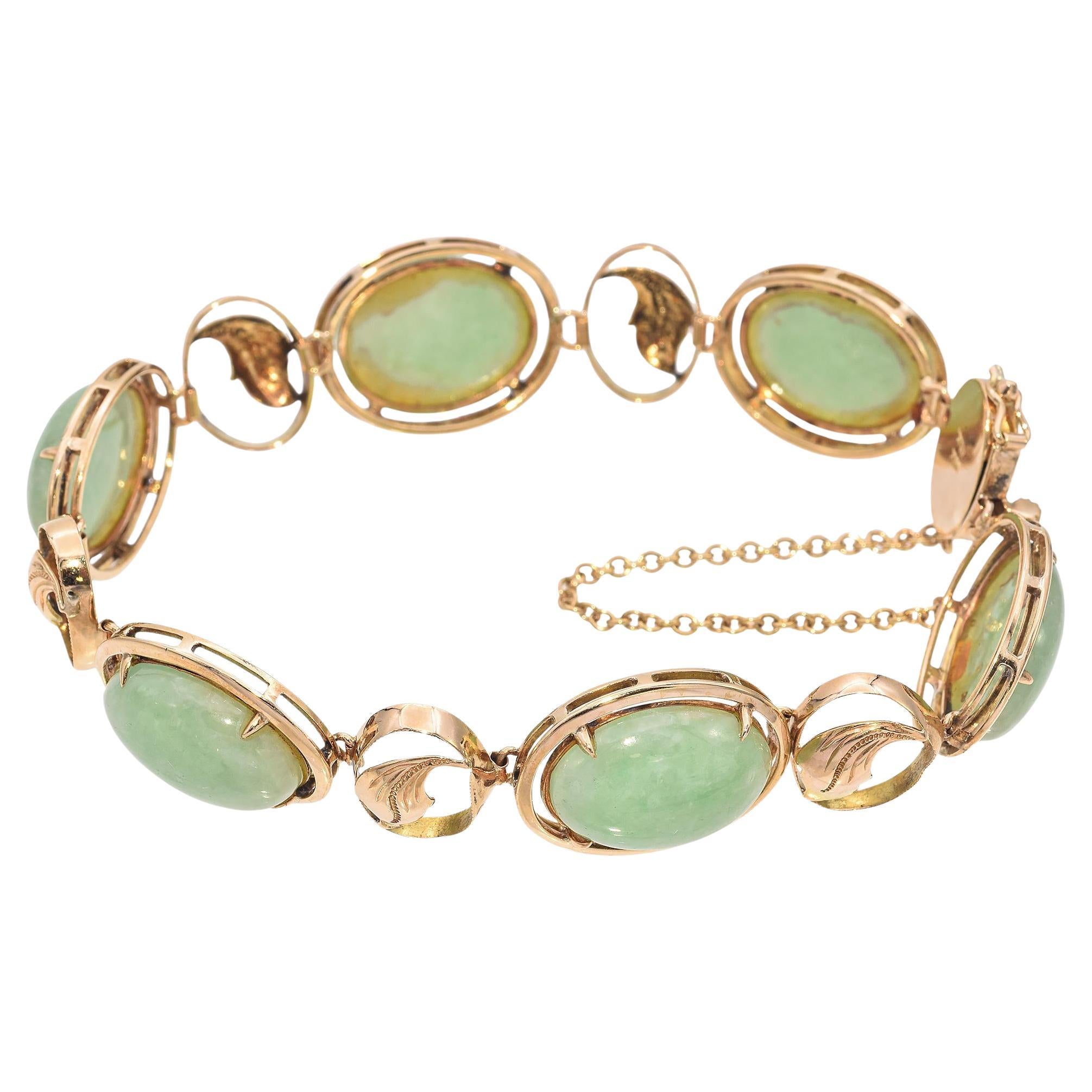 Vintage 14K Yellow Gold Jade Cabochon Leaf Motif Bracelet