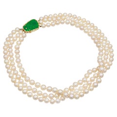 Vintage 14k Yellow Gold Jade Clasp Triple Strand Pearl Necklace