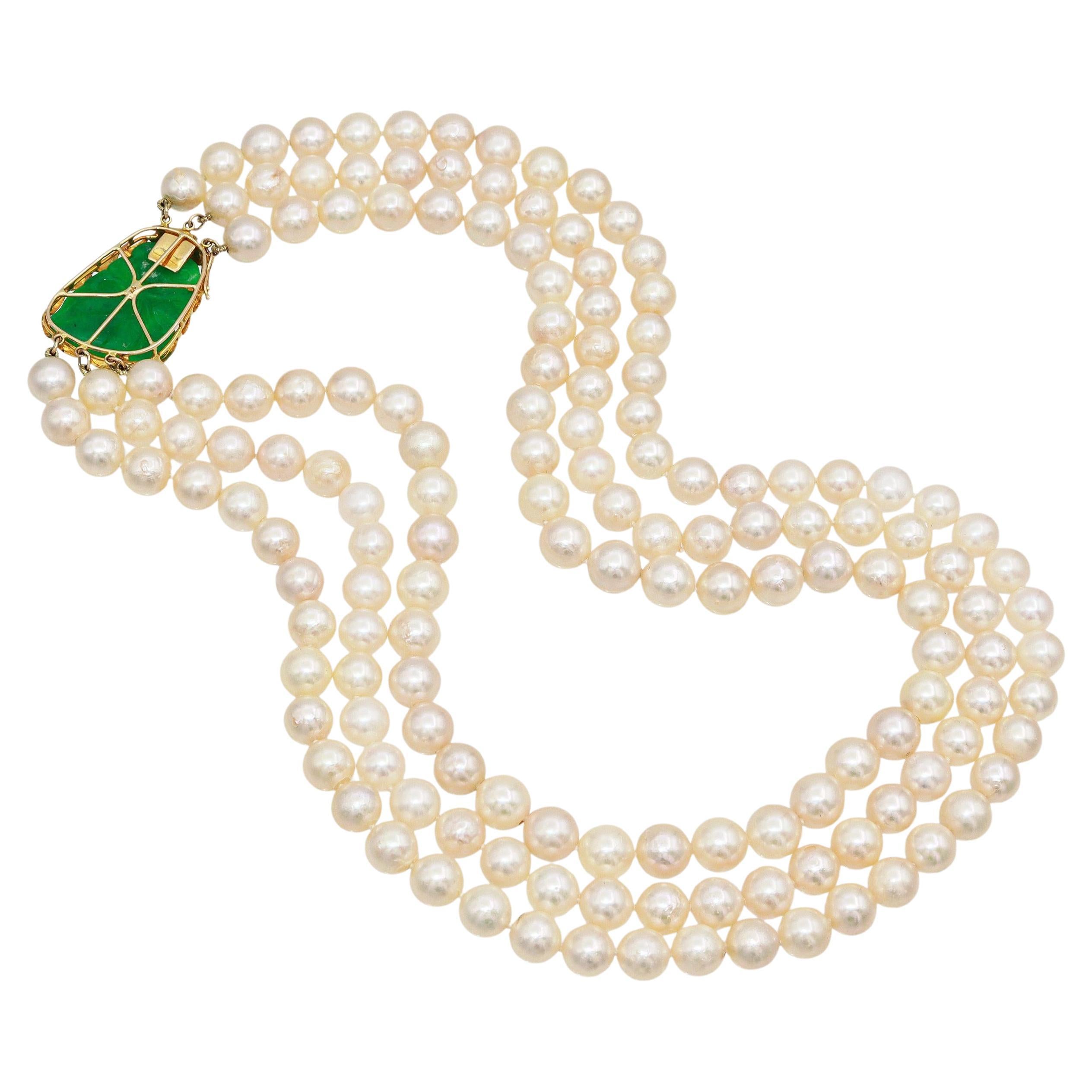 Vintage 14k Yellow Gold Jade Clasp Triple Strand Pearl Necklace For Sale
