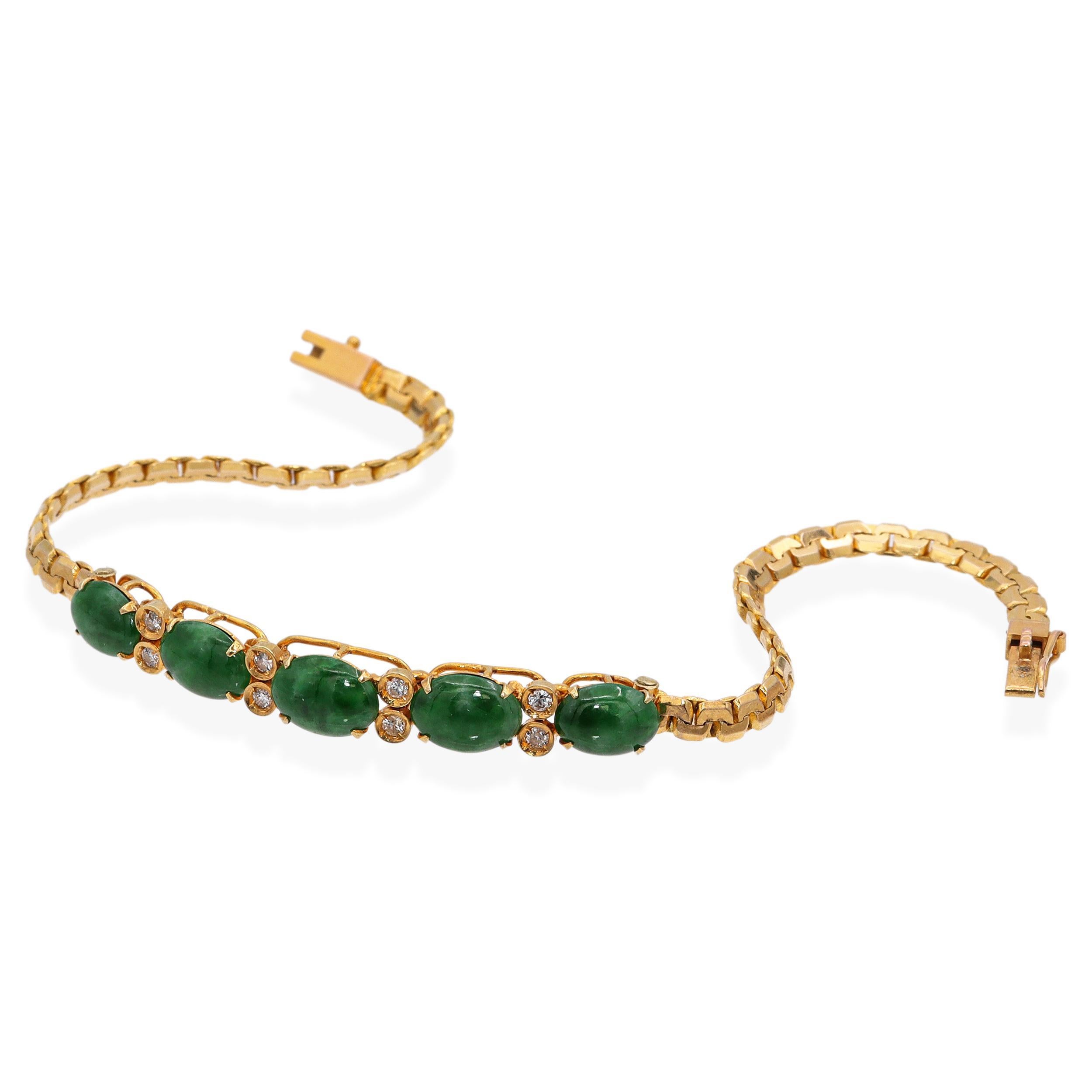 Bracelet vintage en or jaune 14k Jade et diamant en vente 1