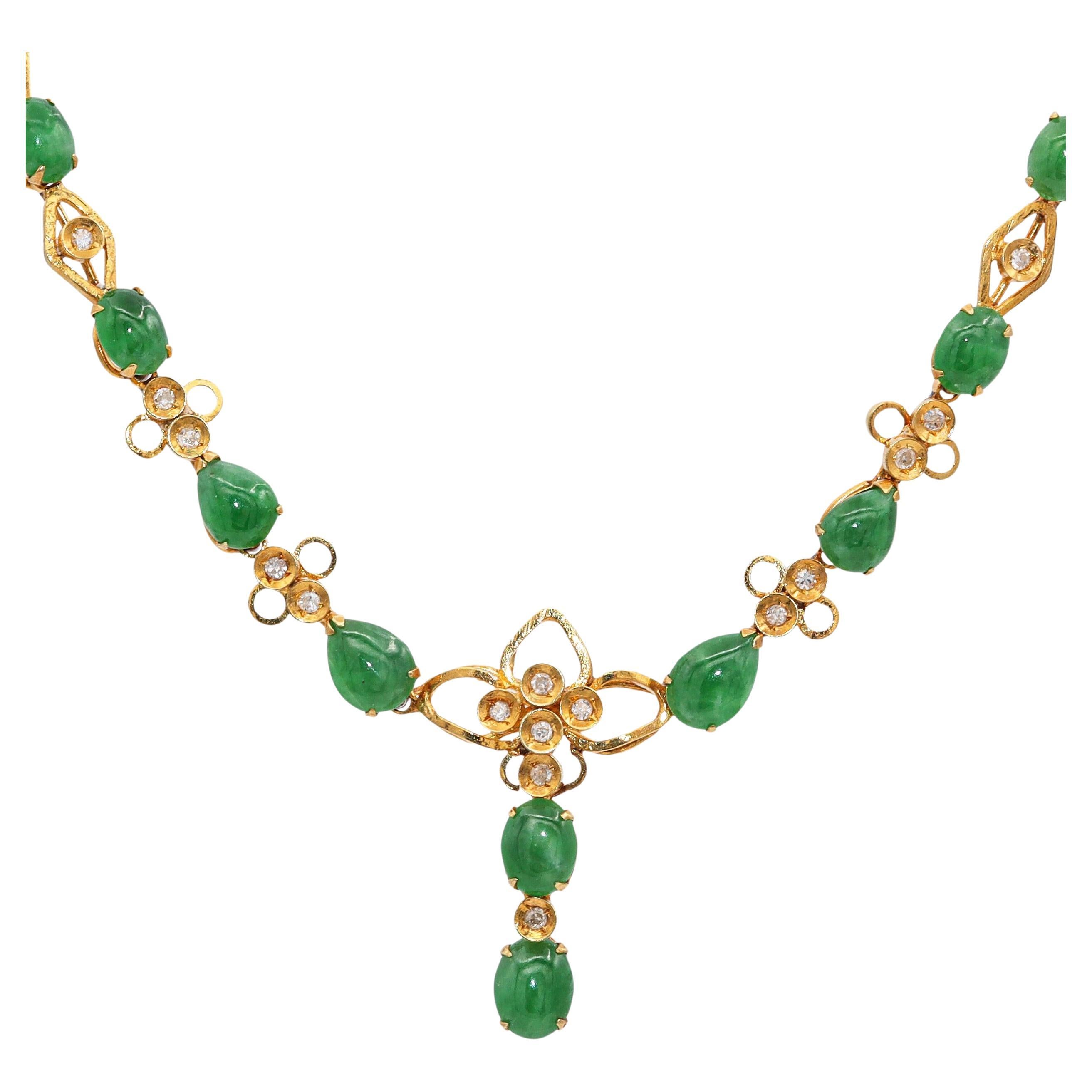 Vintage 14k Yellow Gold Jade & Diamond Necklace