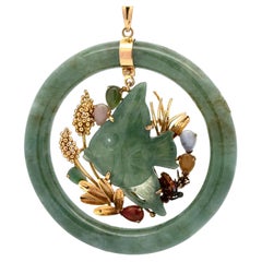 Vintage 14k Yellow Gold Jade Disk w/ Dangle Carved Fish Pendant Necklace