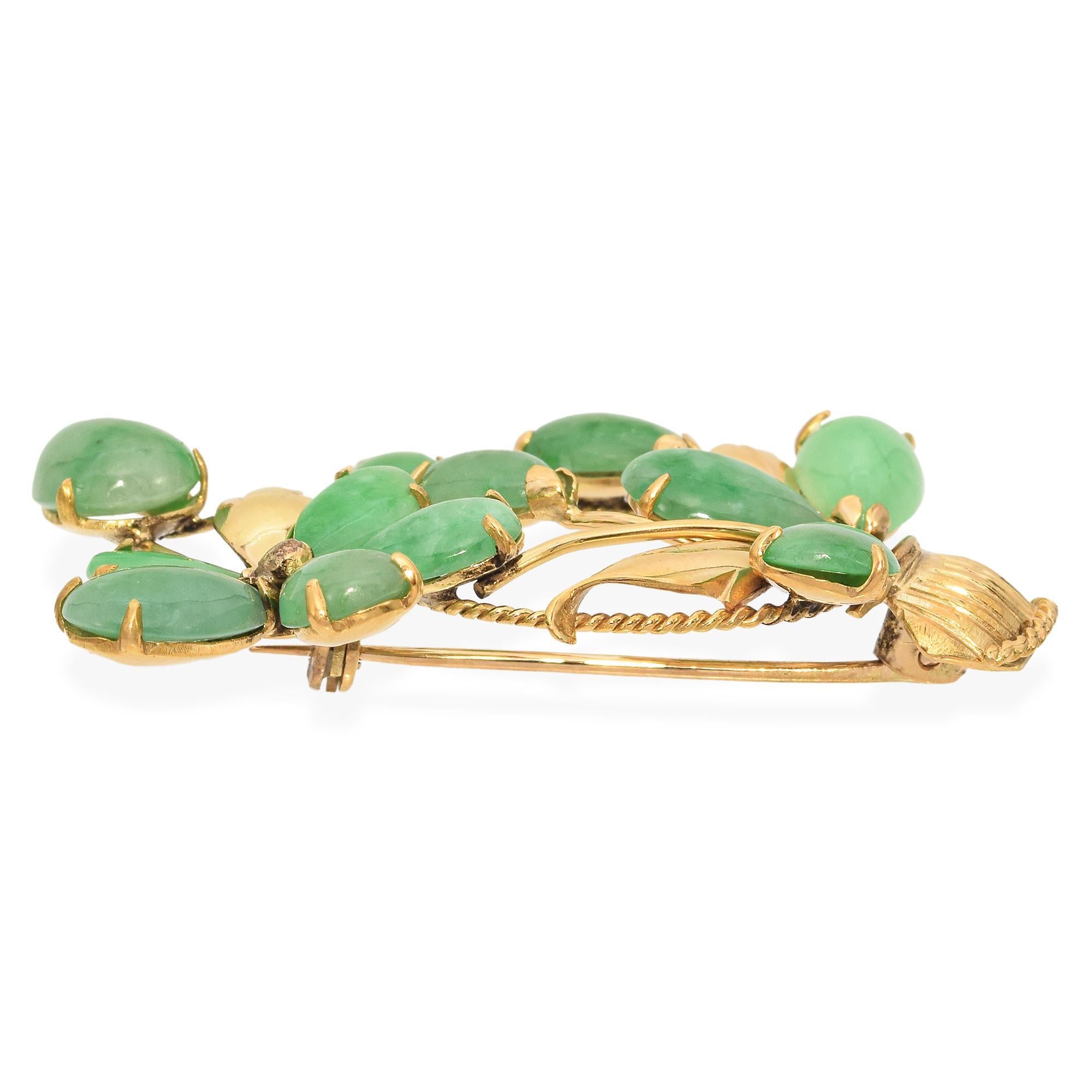 Cabochon Vintage 14K Yellow Gold Jade Floral Basket Brooch For Sale