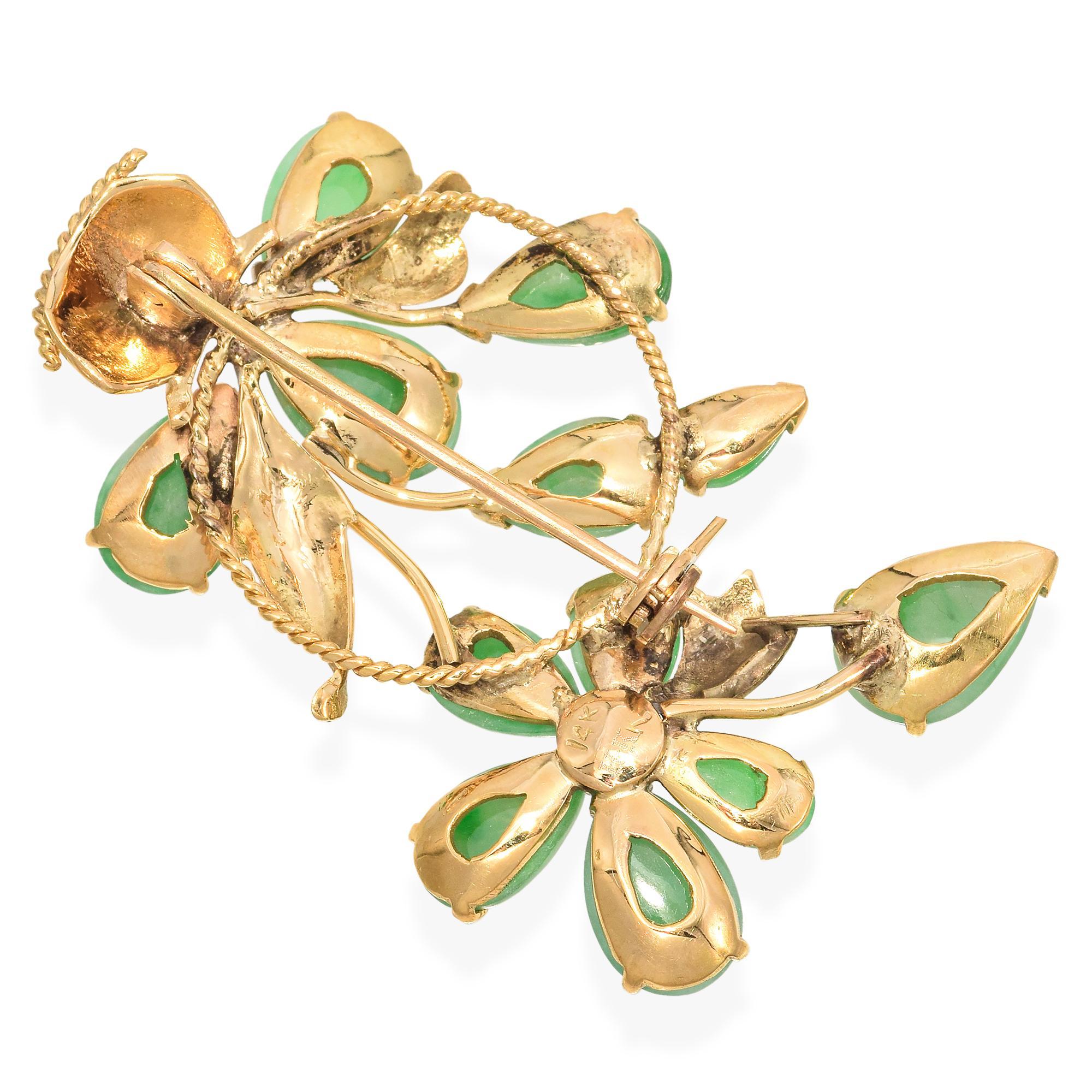 Vintage 14K Yellow Gold Jade Floral Basket Brooch In Good Condition For Sale In New York, NY