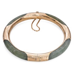 Vintage 14k Yellow Gold Jade Hinged Bangle Bracelet