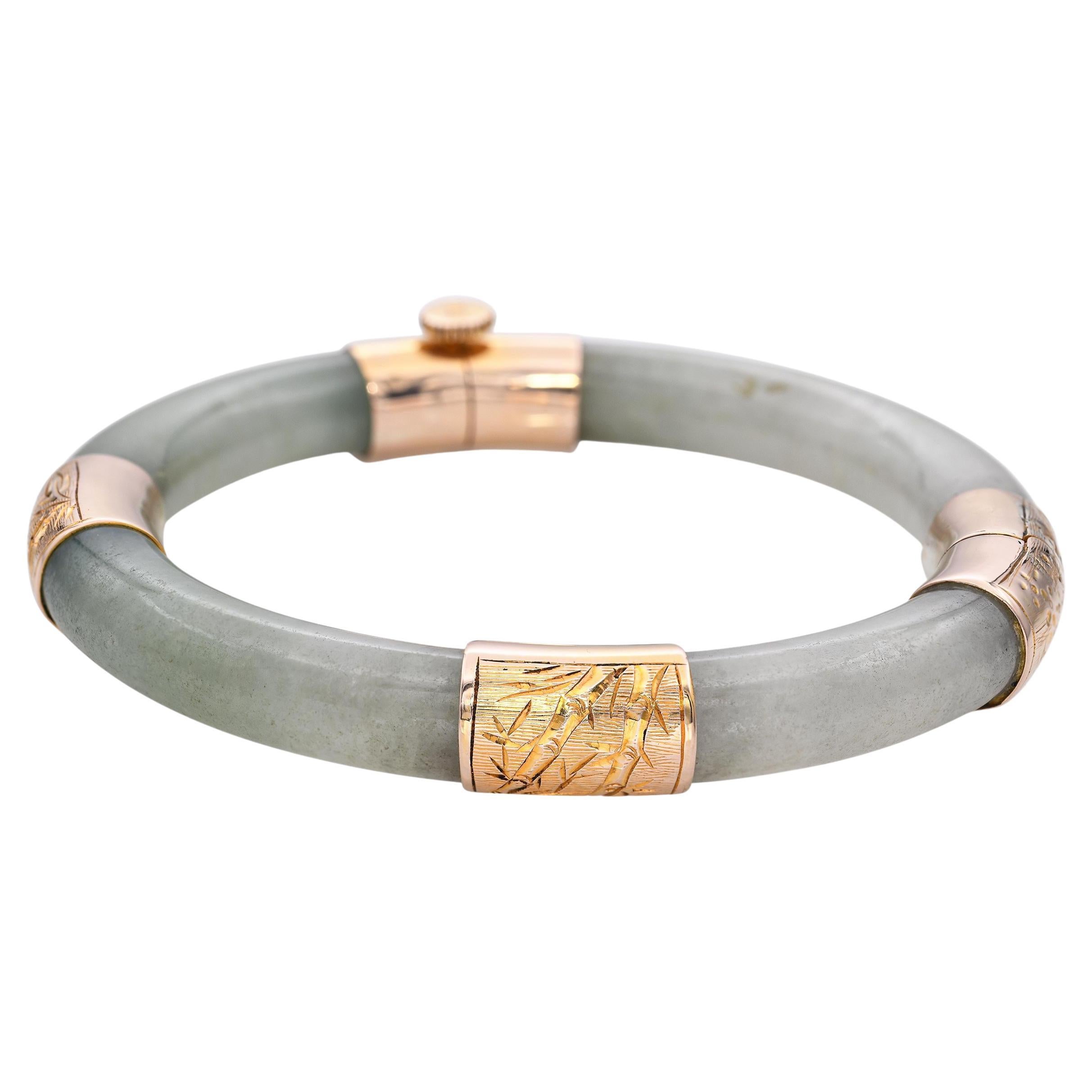 Bracciale a cerniera di giada d'epoca in oro giallo 14k in vendita