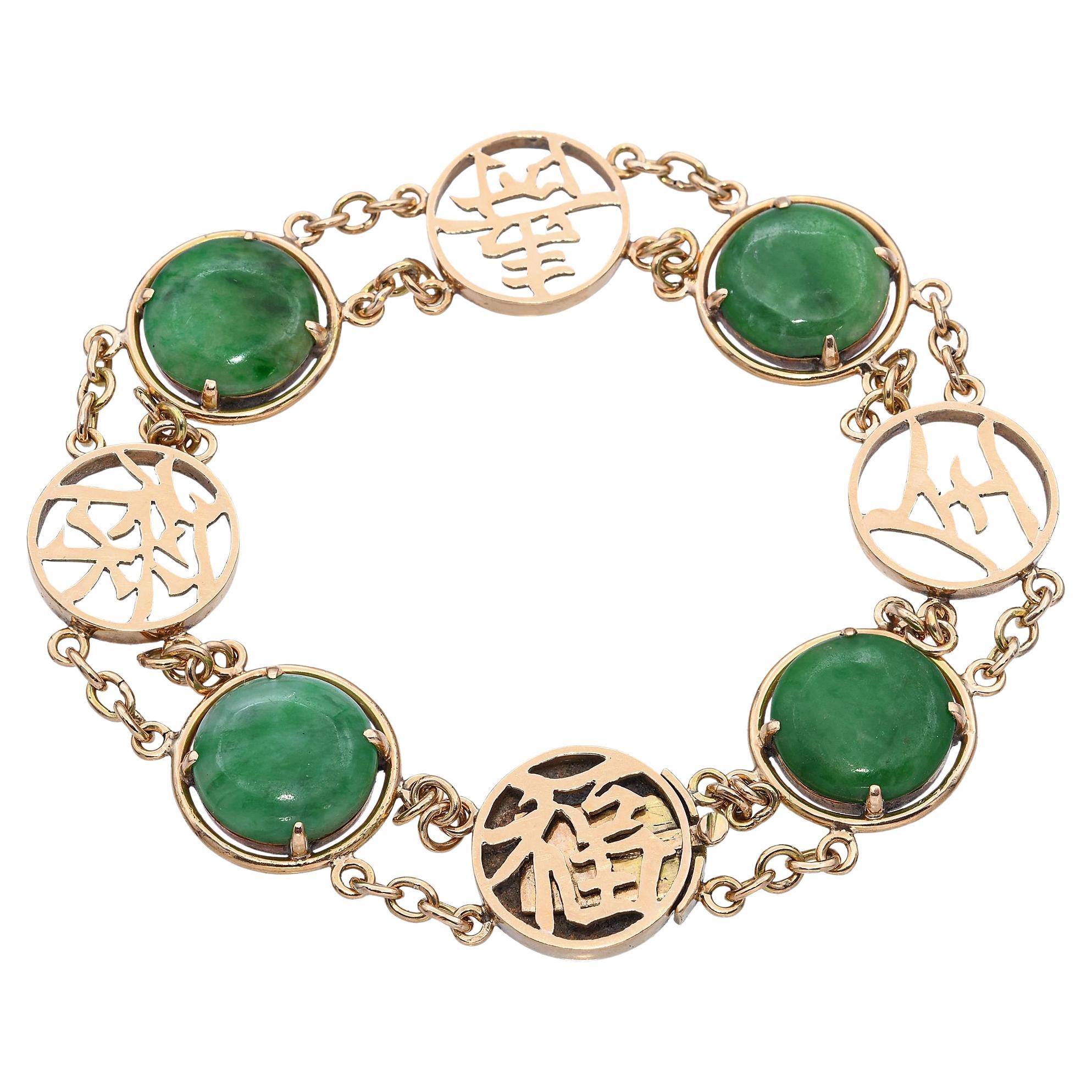 Gliederarmband aus 14 Karat Gelbgold mit Jade