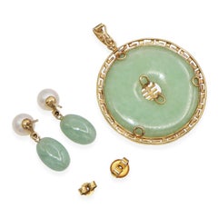 Vintage 14k Yellow Gold Jade Pearl Diamond Fu Symbol Pendant and Earring Set