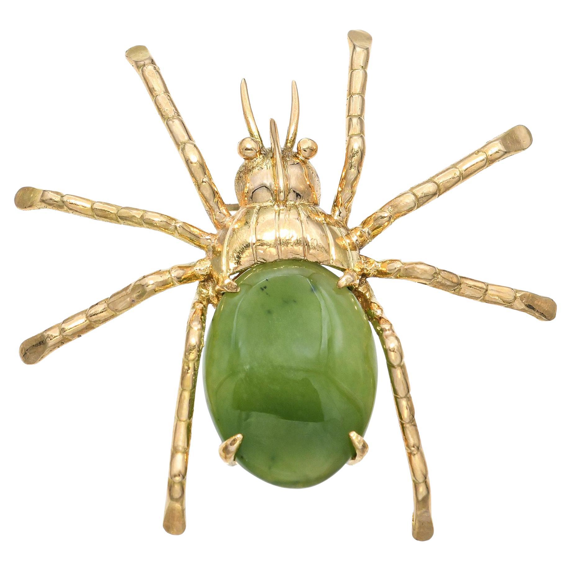 Alfiler broche araña de jade vintage de oro amarillo de 14k