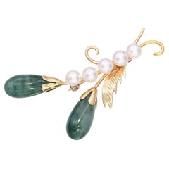 Vintage 14k Yellow Gold Jadeite and Pearl Feather Brooch