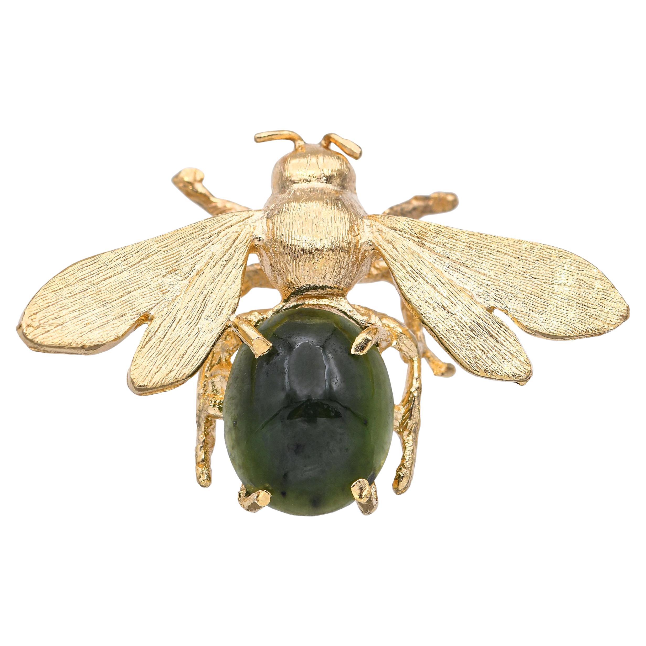Vintage 14k Yellow Gold Jadeite Bumblebee Brooch
