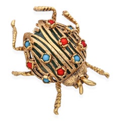Vintage 14k Yellow Gold Jadeite Coral and Turquoise Beetle Brooch