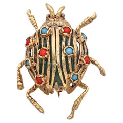 Vintage 14k Yellow Gold Jadeite Coral and Turquoise Beetle Brooch