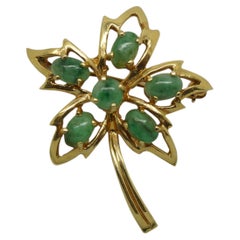 Vintage 14K Yellow Gold & Jadeite Floral Leaf Brooch Pin Flower 5.2G