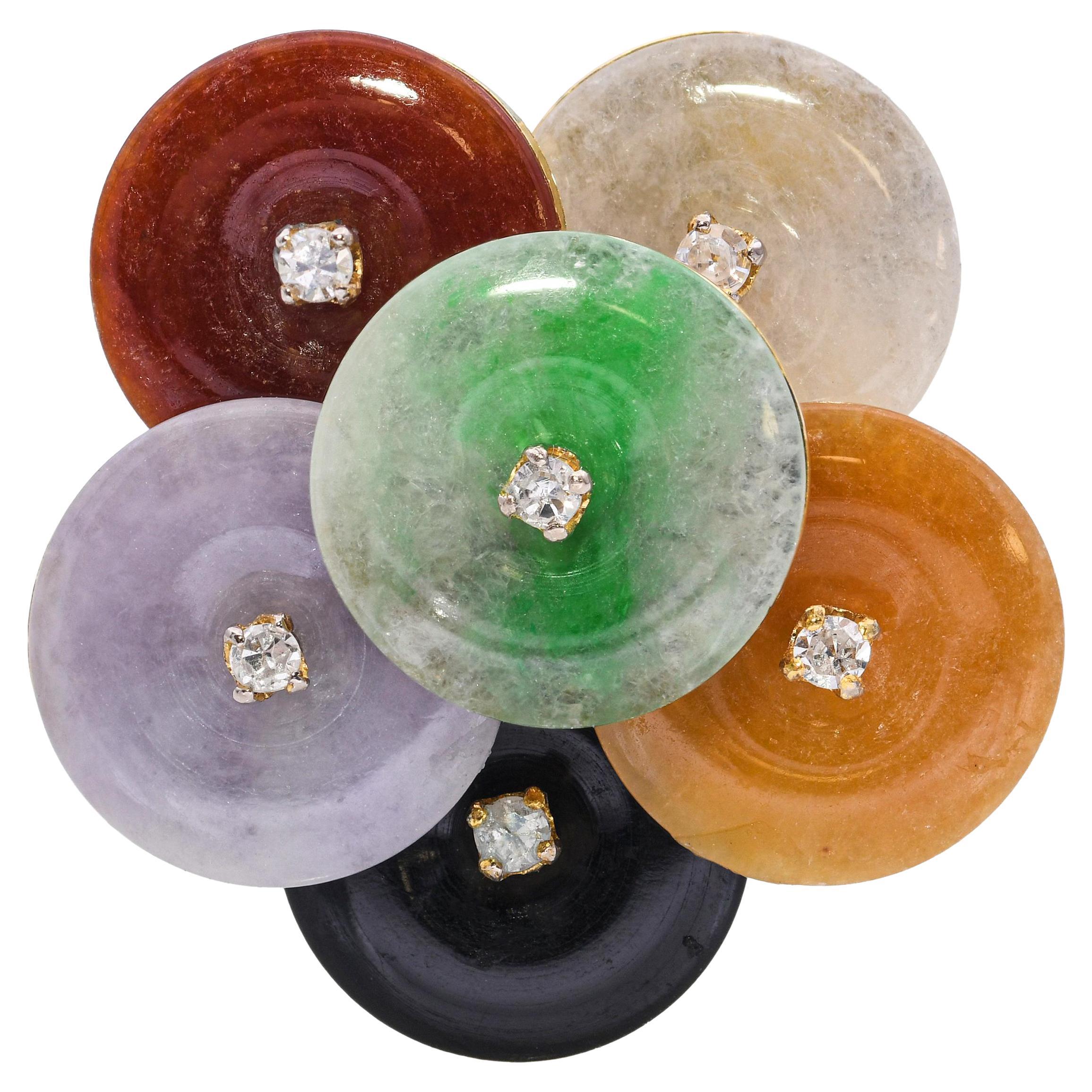 Vintage 14k Yellow Gold Jadeite Jade and Diamond Disk Ring For Sale