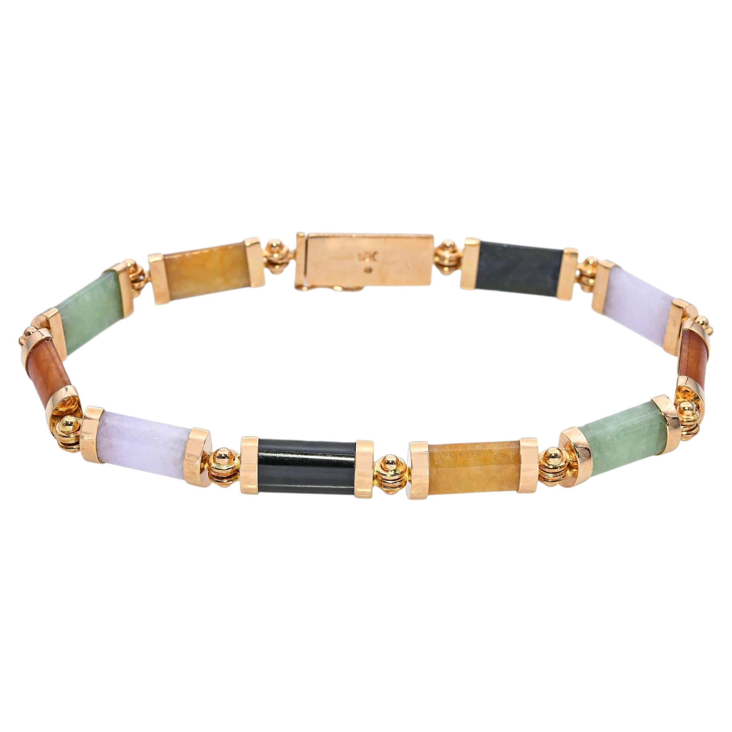 Bracciale vintage in oro giallo 14k con maglie di giada e giadeite