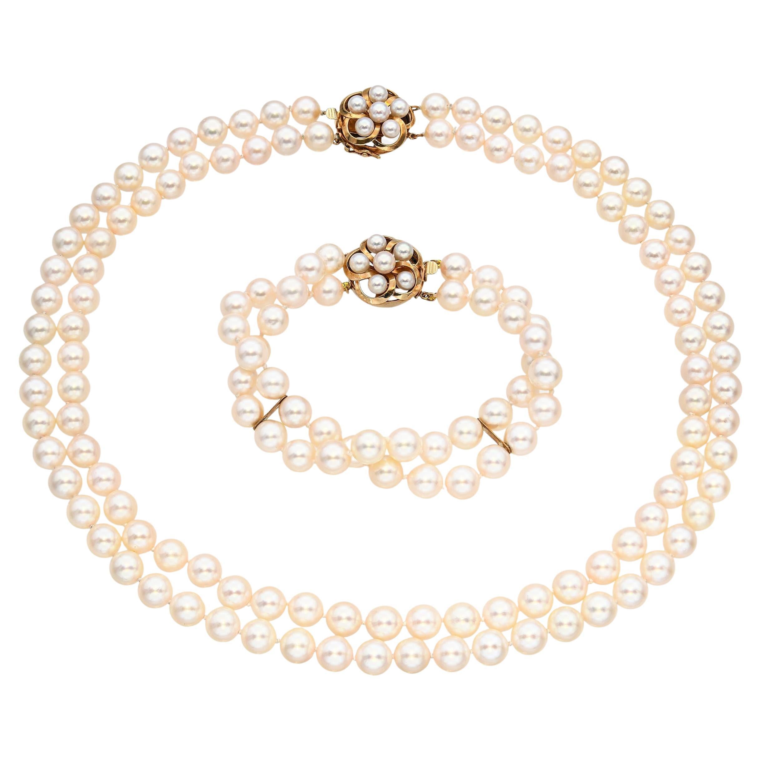 Vintage 14k Yellow Gold Japanese Akoya Pearl Necklace and Bracelet Set For Sale