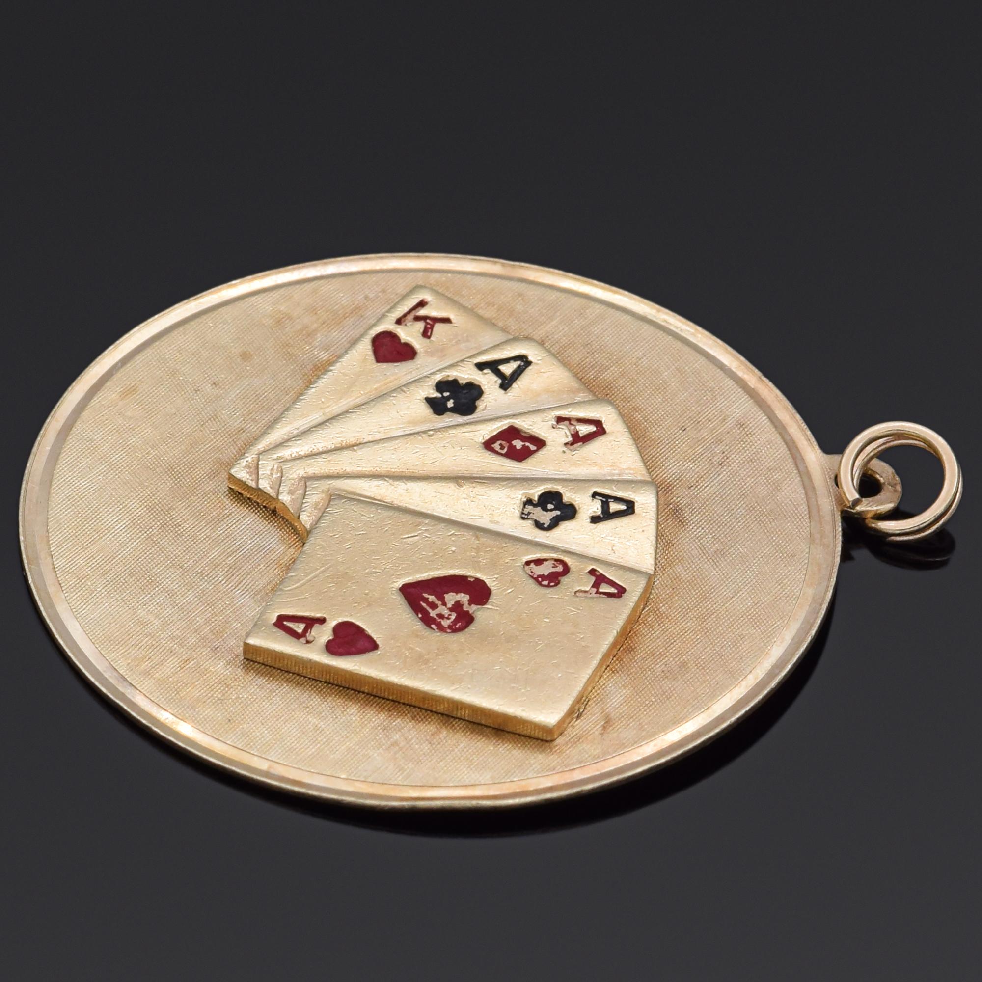 Women's or Men's Vintage 14K Yellow Gold King and 4 Aces Playing Cards Pendant For Sale