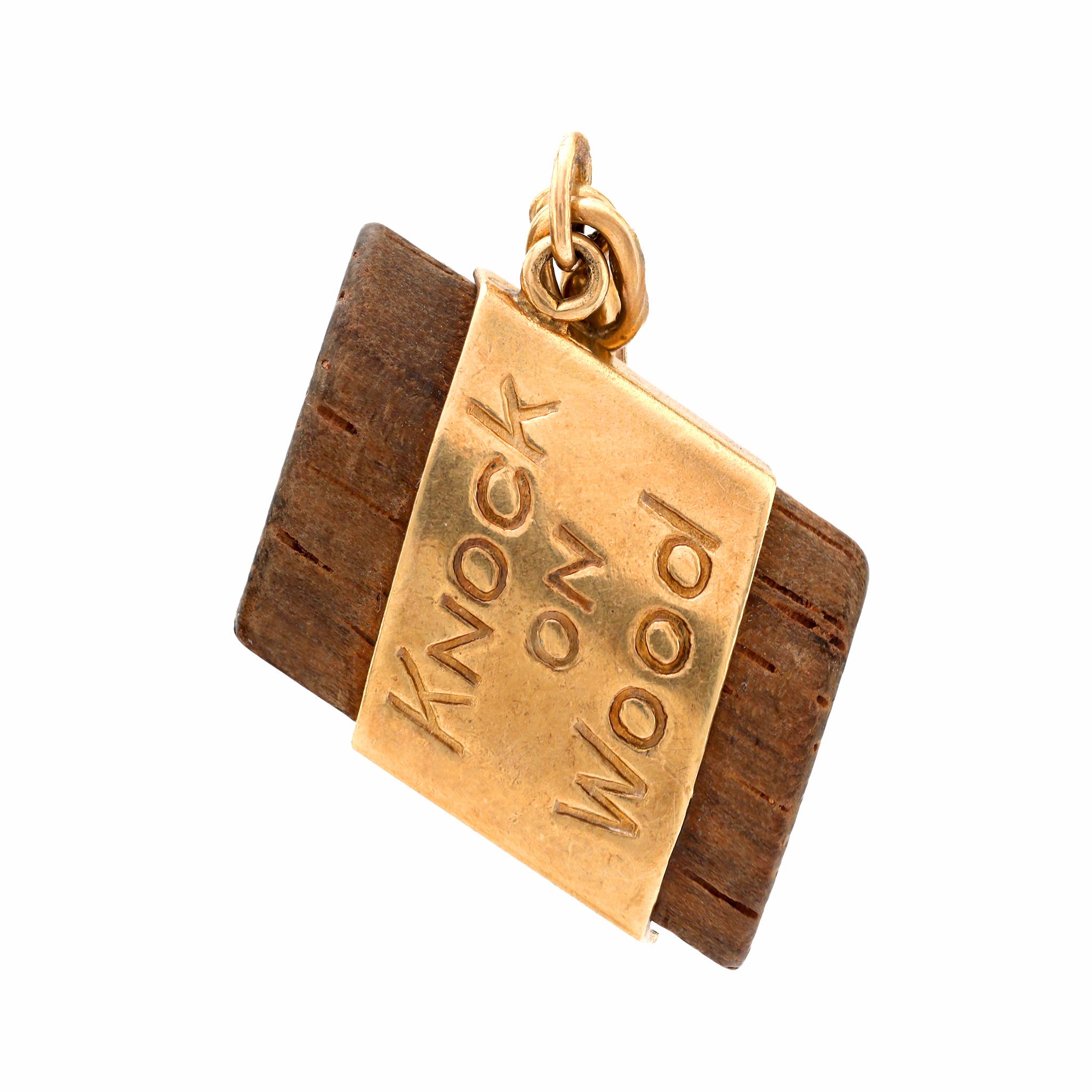 Women's or Men's Vintage 14k yellow gold knock on wood charm