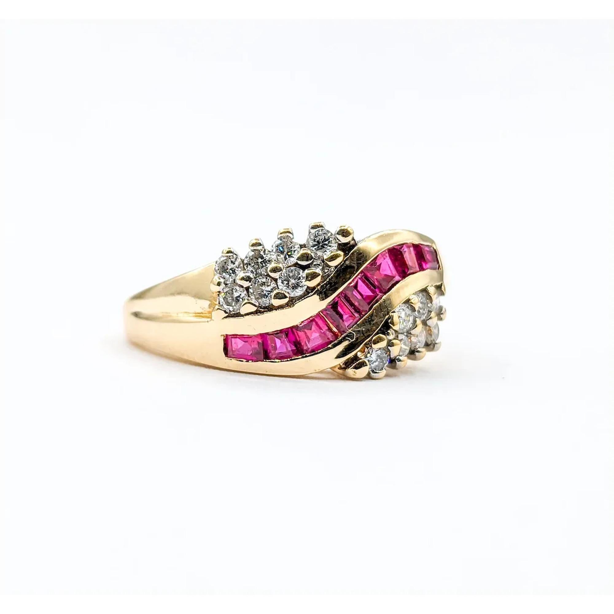 Vintage 14K Yellow Gold Lab Ruby and Diamond Channel Ring For Sale at ...