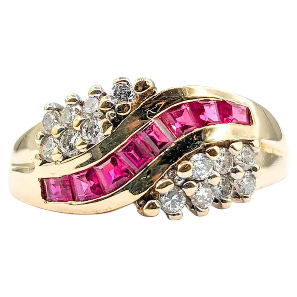 Vintage 14K Yellow Gold Lab Ruby & Diamond Channel Ring