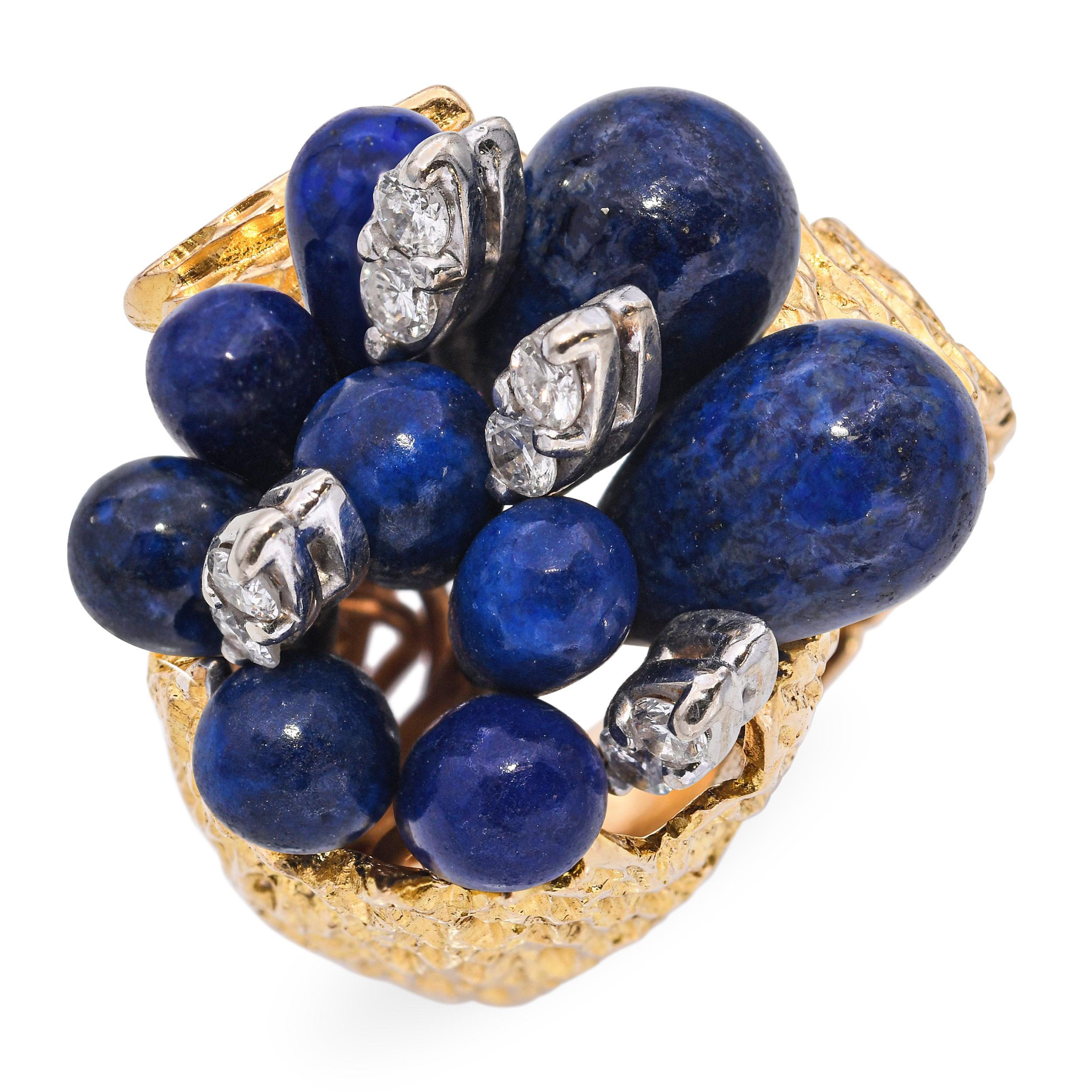 Vintage 14k Gelbgold Lapis und Diamant Bouquet Ring im Zustand „Gut“ im Angebot in New York, NY