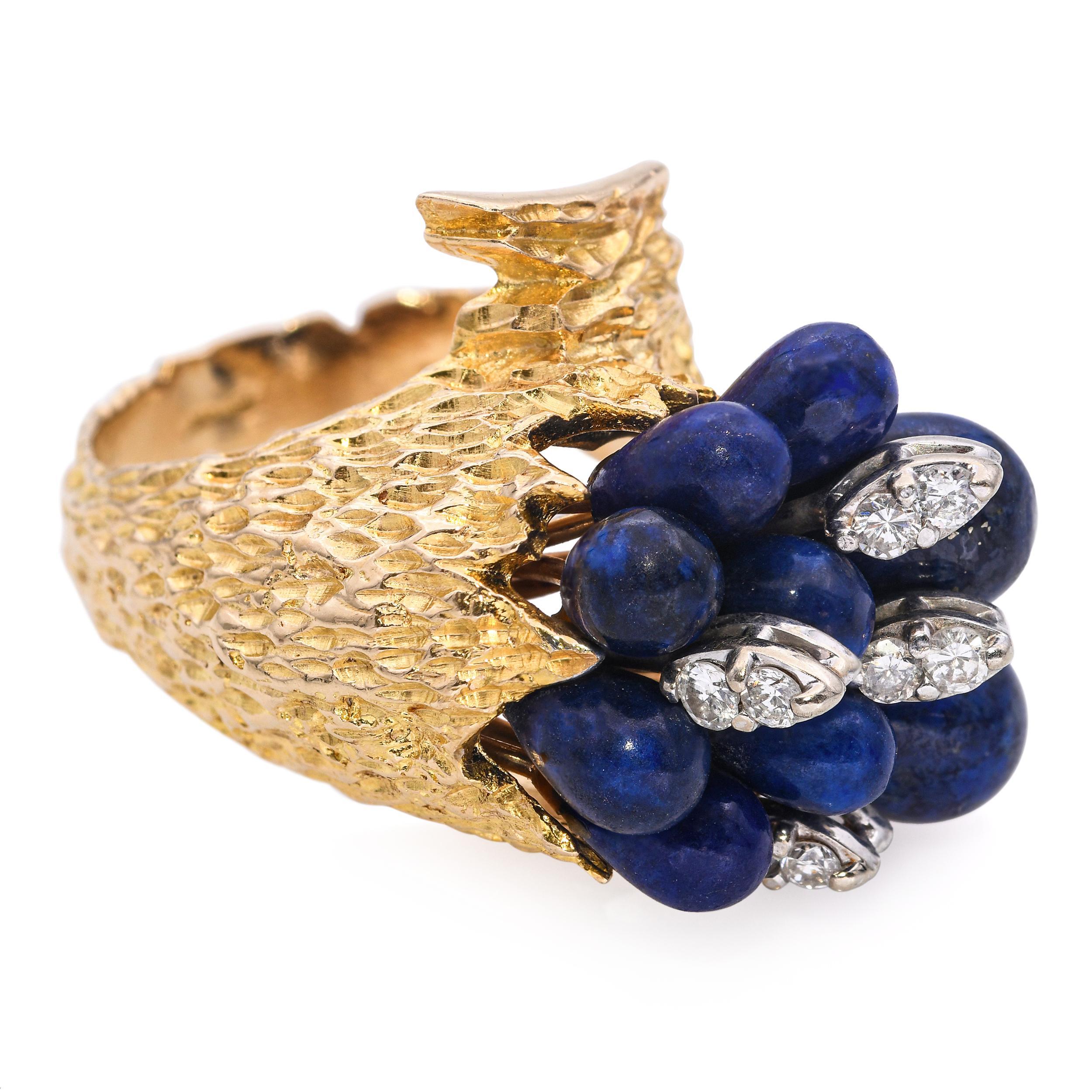 Vintage 14k Gelbgold Lapis und Diamant Bouquet Ring im Angebot 1
